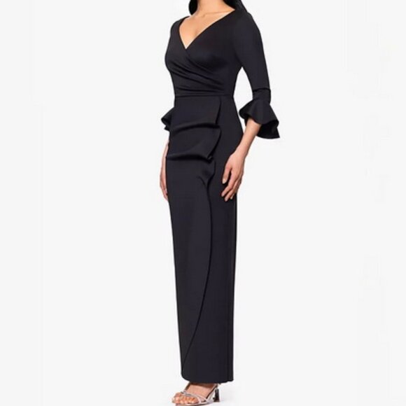 Betsy & Adam Black Ruffle Sleeve Faux Wrap Gown